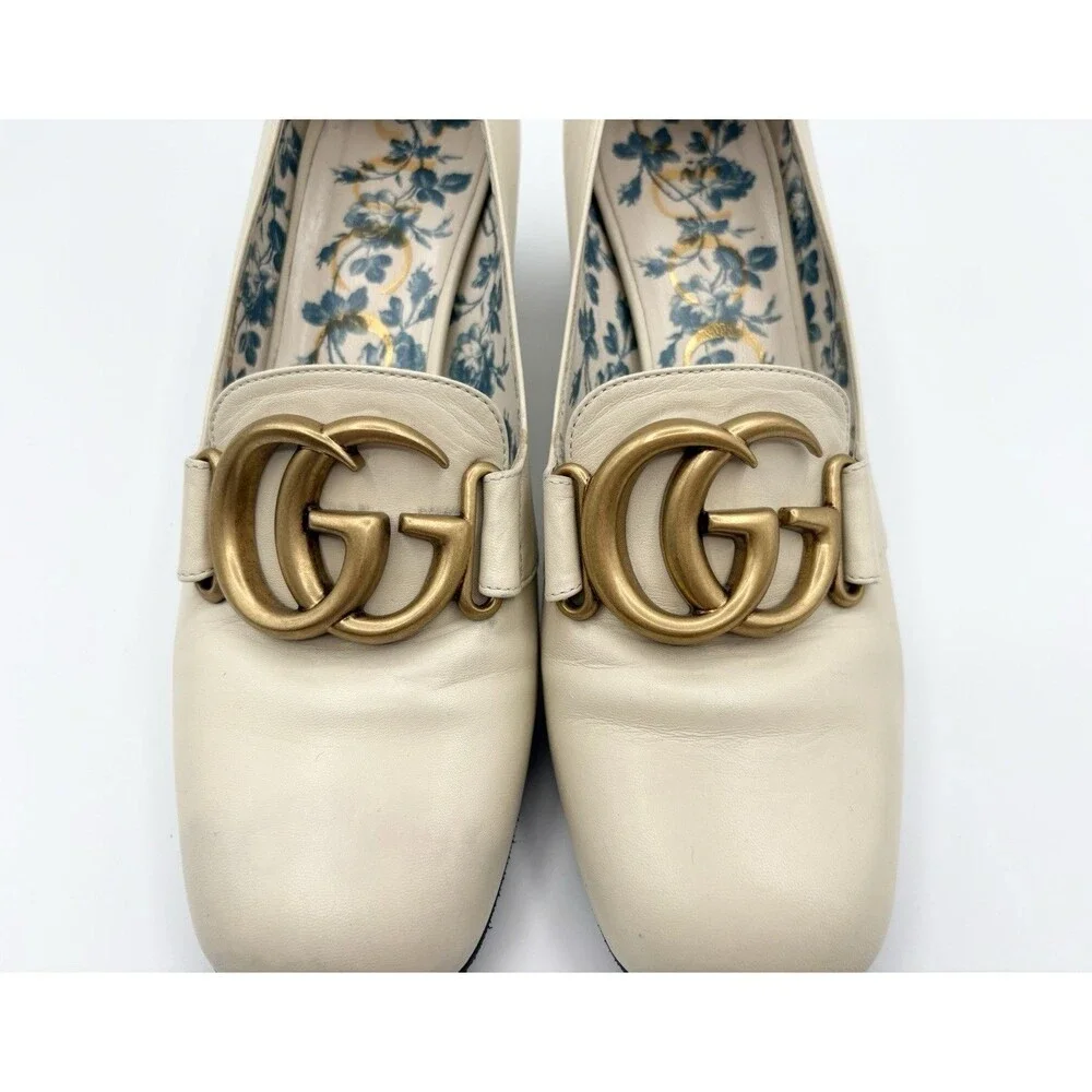 Gucci Victoire GG Block Heel Pumps White/Cream Leather Gold GG Buckle Sz EU 36 - Picture 7 of 14